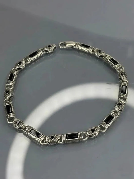 925 Sterling Silver Black Onyx Bracelet for Men, Byzantine Chain Bracelet with Onyx Stones, Handmade Mens Silver Bracelet, Gift for Him