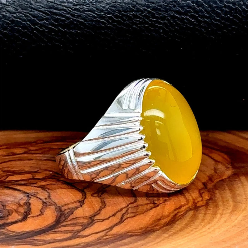 Men Handmade Ring, Yellow 925 Ring, Aqeeq Gemstone Ring ,