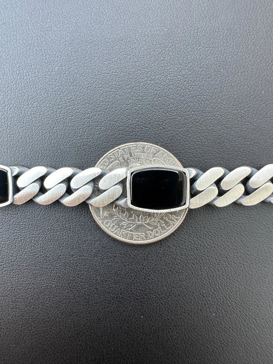 Real Mens Miami Cuban Link Bracelet W. Black Onyx Gemstone 925 Sterling Silver