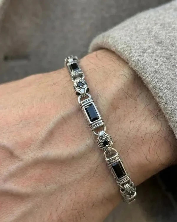 925 Sterling Silver Black Onyx Bracelet for Men, Byzantine Chain Bracelet with Onyx Stones, Handmade Mens Silver Bracelet, Gift for Him