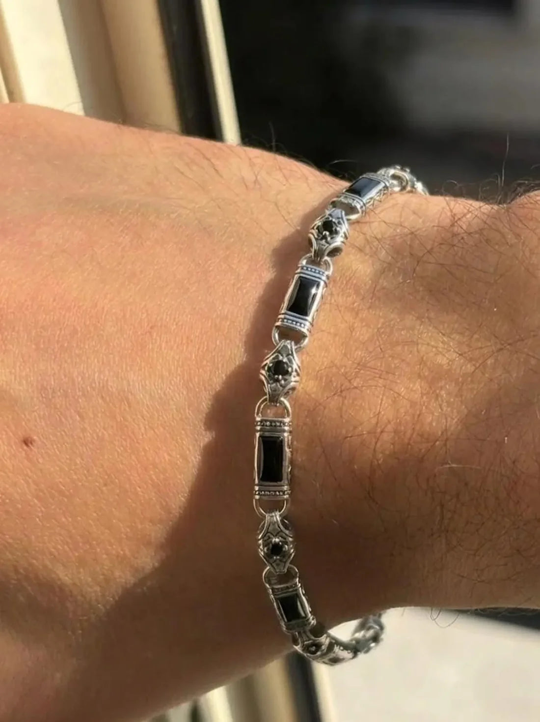 925 Sterling Silver Black Onyx Bracelet for Men, Byzantine Chain Bracelet with Onyx Stones, Handmade Mens Silver Bracelet, Gift for Him