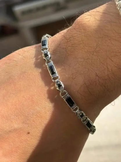 925 Sterling Silver Black Onyx Bracelet for Men, Byzantine Chain Bracelet with Onyx Stones, Handmade Mens Silver Bracelet, Gift for Him