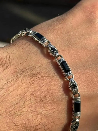 925 Sterling Silver Black Onyx Bracelet for Men, Byzantine Chain Bracelet with Onyx Stones, Handmade Mens Silver Bracelet, Gift for Him