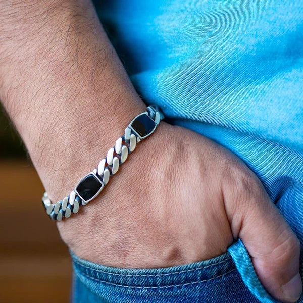 Real Mens Miami Cuban Link Bracelet W. Black Onyx Gemstone 925 Sterling Silver