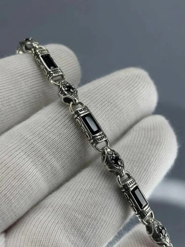 925 Sterling Silver Black Onyx Bracelet for Men, Byzantine Chain Bracelet with Onyx Stones, Handmade Mens Silver Bracelet, Gift for Him