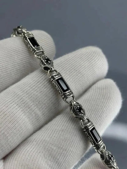 925 Sterling Silver Black Onyx Bracelet for Men, Byzantine Chain Bracelet with Onyx Stones, Handmade Mens Silver Bracelet, Gift for Him