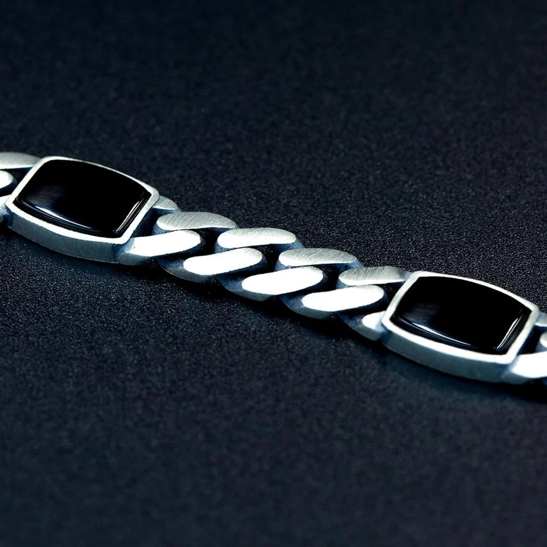 Real Mens Miami Cuban Link Bracelet W. Black Onyx Gemstone 925 Sterling Silver