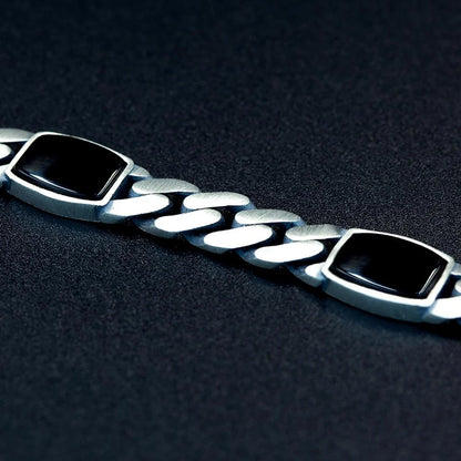 Real Mens Miami Cuban Link Bracelet W. Black Onyx Gemstone 925 Sterling Silver