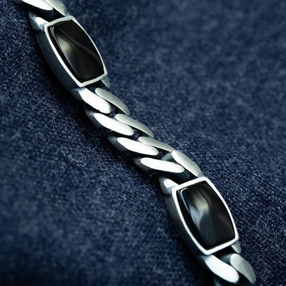 Real Mens Miami Cuban Link Bracelet W. Black Onyx Gemstone 925 Sterling Silver