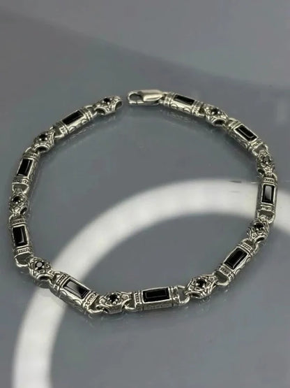 925 Sterling Silver Black Onyx Bracelet for Men, Byzantine Chain Bracelet with Onyx Stones, Handmade Mens Silver Bracelet, Gift for Him