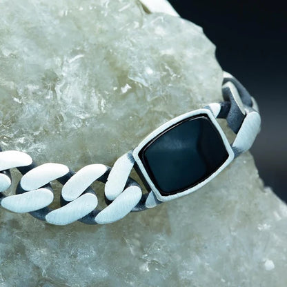 Real Mens Miami Cuban Link Bracelet W. Black Onyx Gemstone 925 Sterling Silver