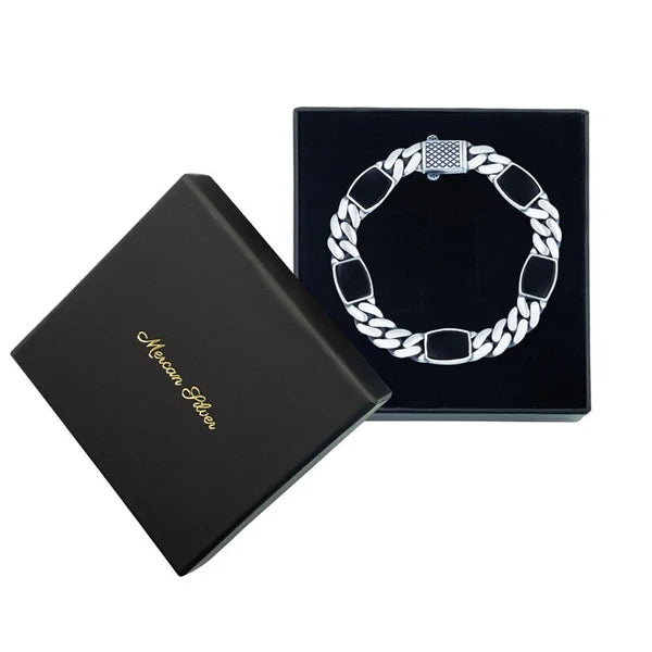 Real Mens Miami Cuban Link Bracelet W. Black Onyx Gemstone 925 Sterling Silver