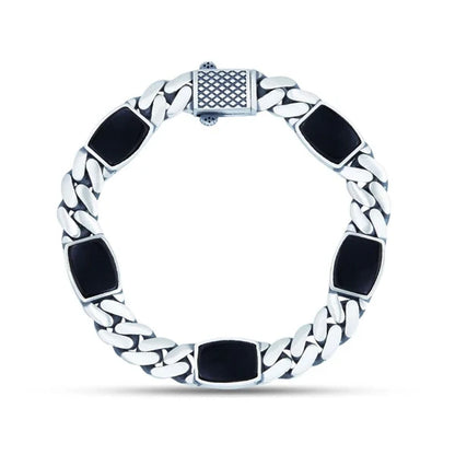 Real Mens Miami Cuban Link Bracelet W. Black Onyx Gemstone 925 Sterling Silver