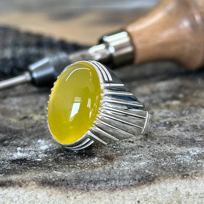 Men Handmade Ring, Yellow 925 Ring, Aqeeq Gemstone Ring ,