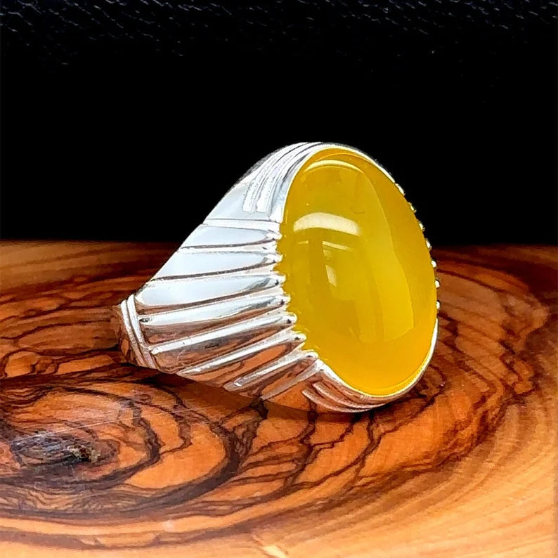 Men Handmade Ring, Yellow 925 Ring, Aqeeq Gemstone Ring ,
