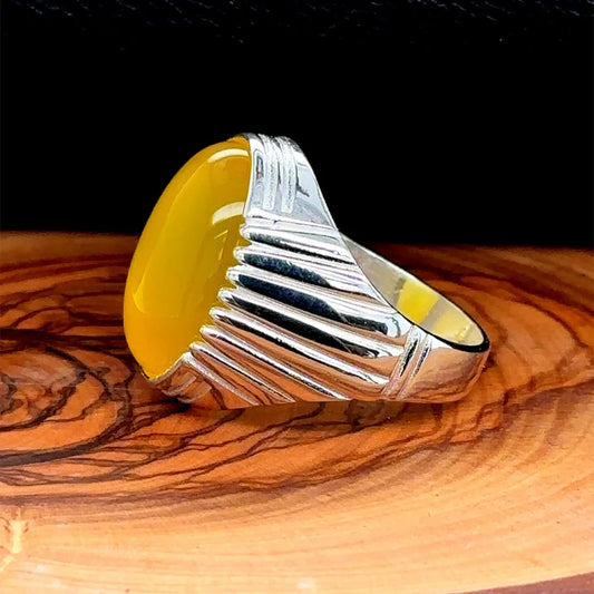 Men Handmade Ring, Yellow 925 Ring, Aqeeq Gemstone Ring ,