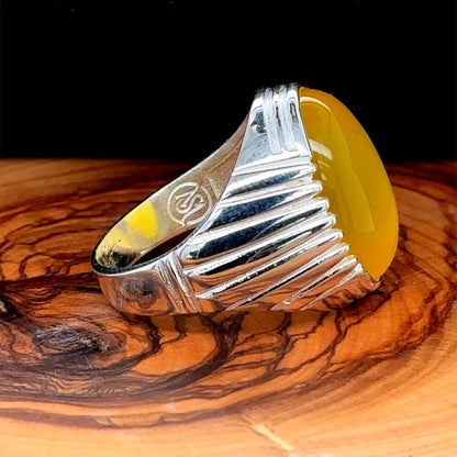 Men Handmade Ring, Yellow 925 Ring, Aqeeq Gemstone Ring ,