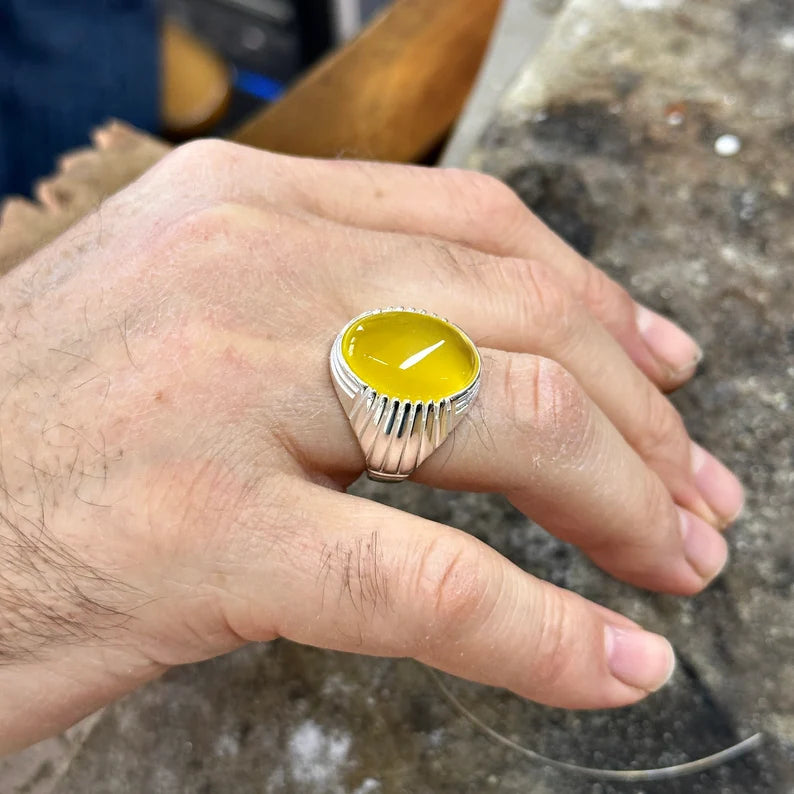 Men Handmade Ring, Yellow 925 Ring, Aqeeq Gemstone Ring ,