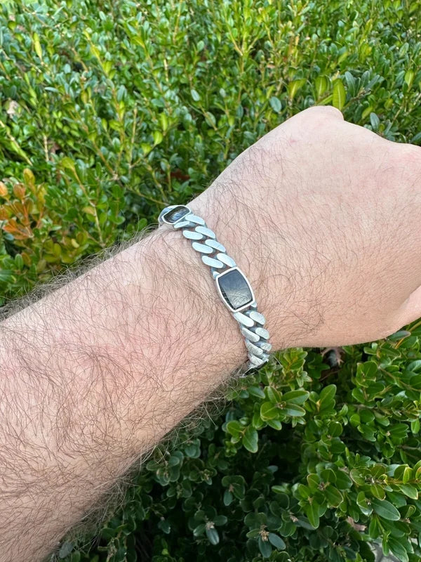 Real Mens Miami Cuban Link Bracelet W. Black Onyx Gemstone 925 Sterling Silver