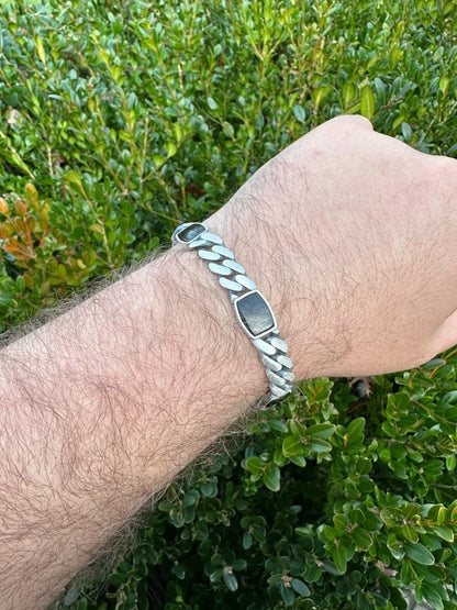 Real Mens Miami Cuban Link Bracelet W. Black Onyx Gemstone 925 Sterling Silver