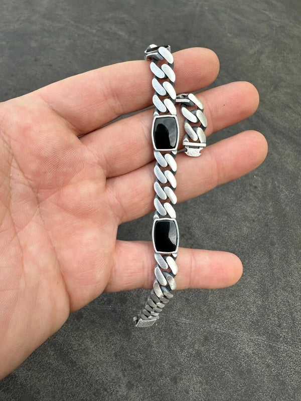 Real Mens Miami Cuban Link Bracelet W. Black Onyx Gemstone 925 Sterling Silver